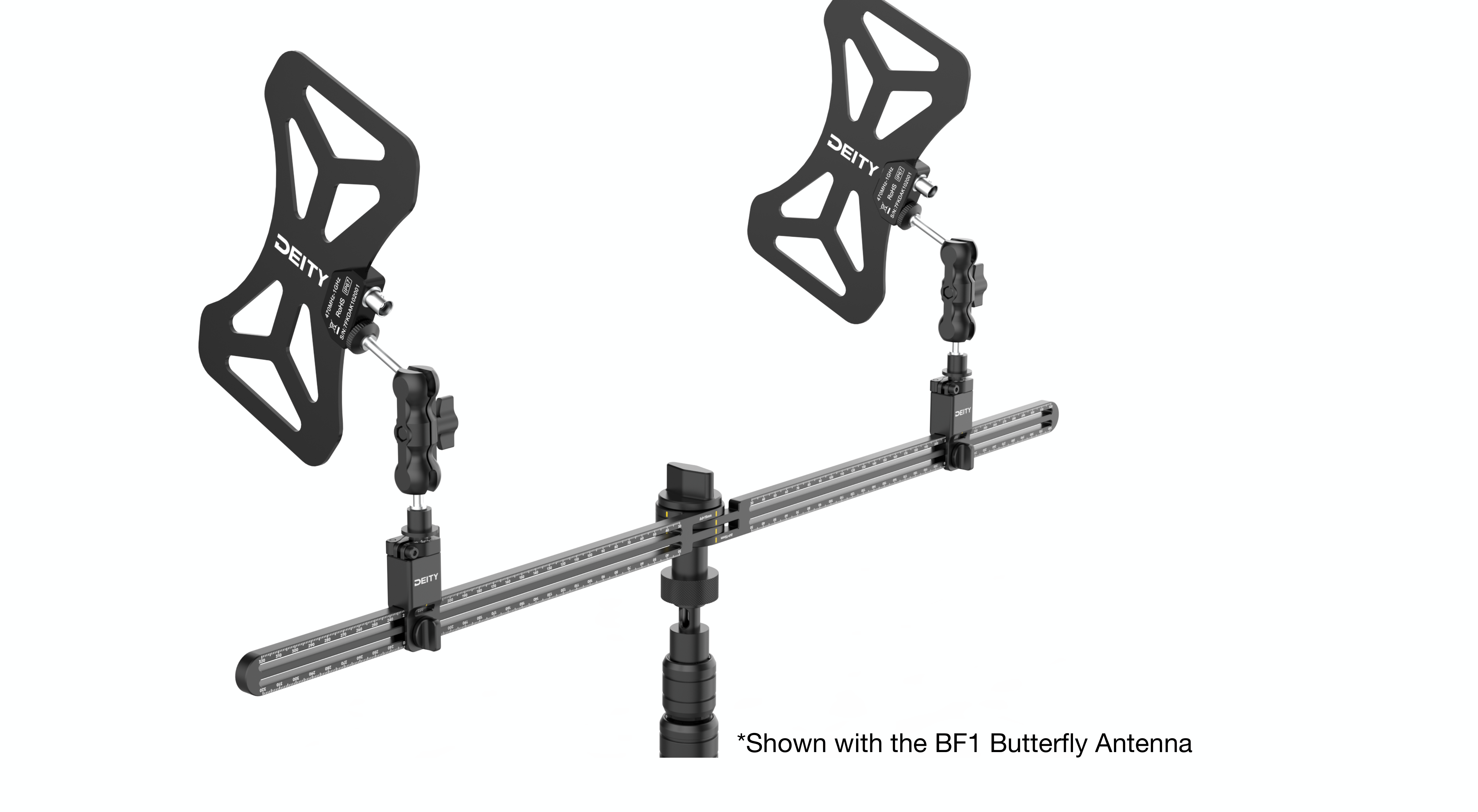 Deity AMB1 stereo mounting bar with two BF1 Butterfly Antennas mounted on adjustable risers