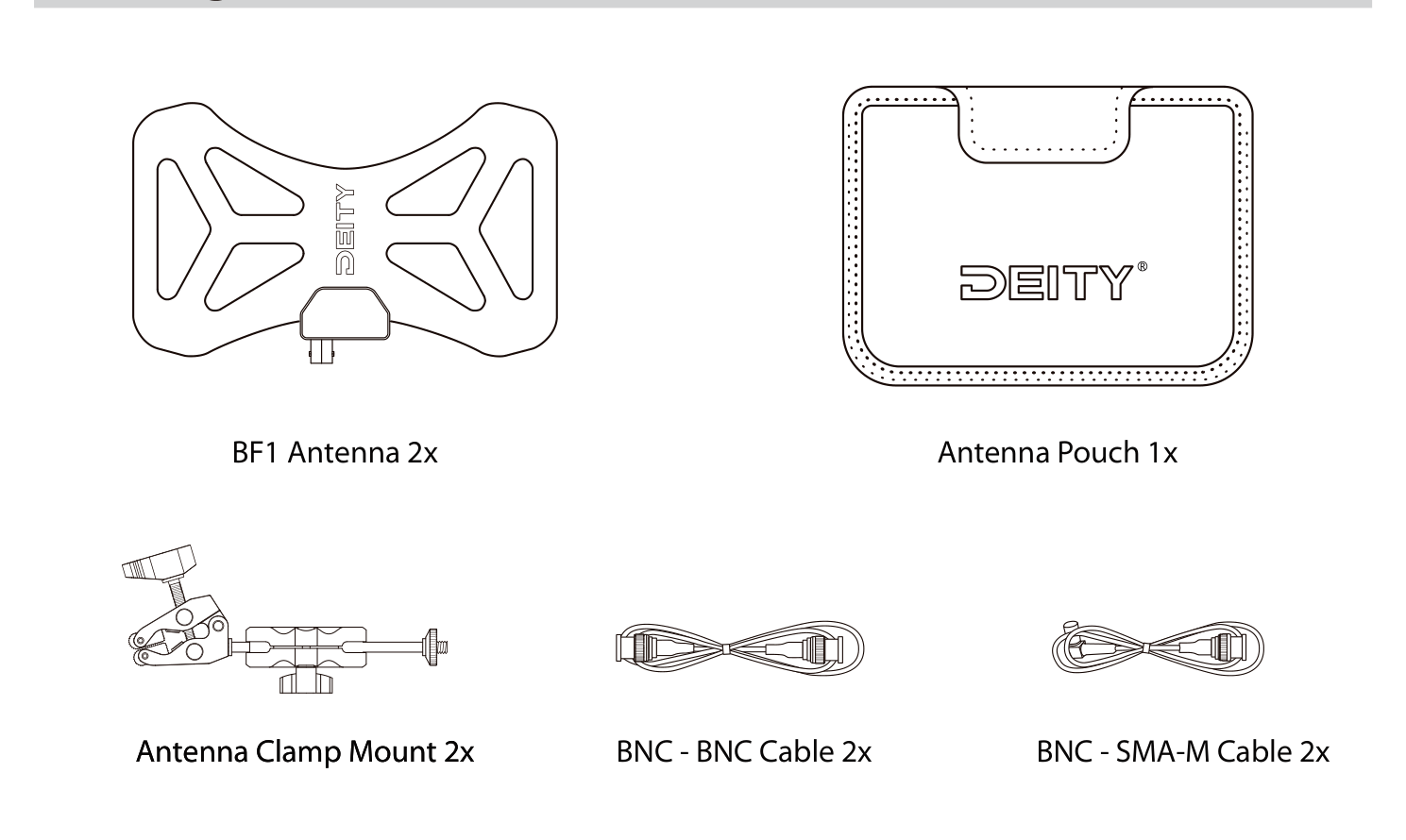 BF1 packing list: two BF1 antennas, antenna pouch, two clamp mounts, two BNC to BNC cables, two BNC to SMA-M cables