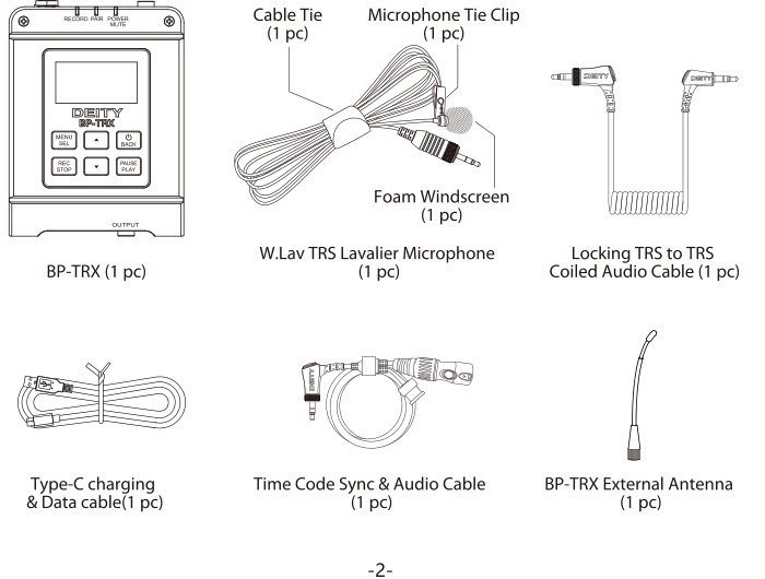 BP-TRX package contents: bodypack, W.Lav TRS lavalier microphone with foam windscreen, cable tie, microphone tie clip, locking TRS coiled audio cable, Type-C charging and data cable, timecode sync and audio cable, external antenna