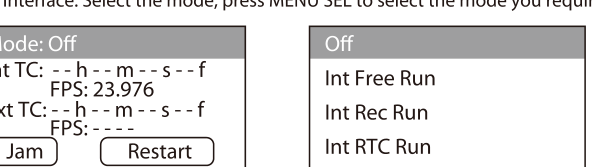 BP-TRX timecode mode screen and the mode list: Off, Int Free Run, Int Rec Run, Int RTC Run