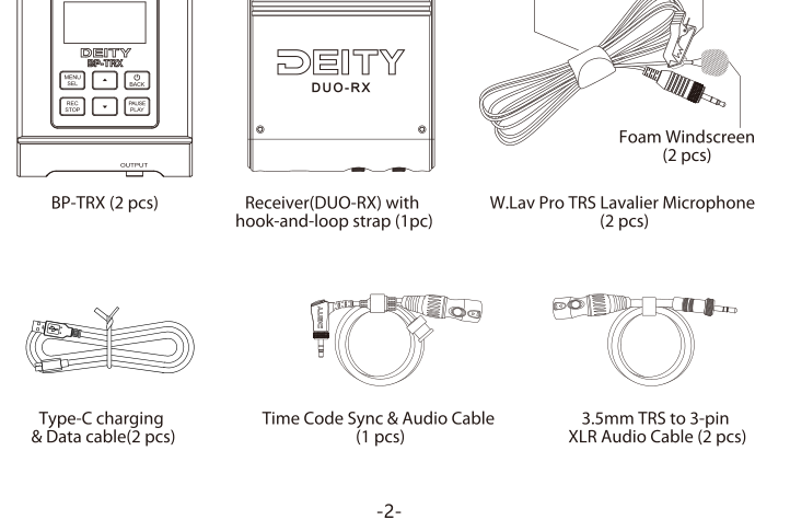 Deity Connect Deluxe Kit contents: BP-TRX transceivers, DUO-RX receiver, W.Lav Pro lavalier mics, Type-C cables, timecode sync cable, XLR audio cables