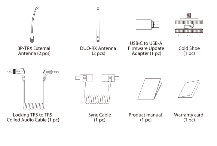 Deity Connect Deluxe Kit accessories: BP-TRX external antennas, DUO-RX antennas, USB-C to USB-A firmware adapter, cold shoe, coiled audio cable, sync cable, manual, warranty card