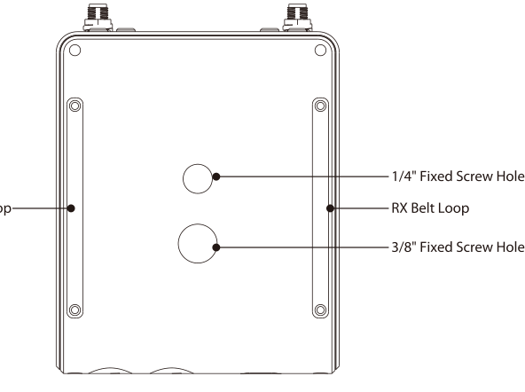 DUO-RX back panel showing two RX belt loops, a 1/4 inch fixed screw hole, and a 3/8 inch fixed screw hole