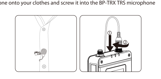 Clipping the W.Lav Pro lavalier to clothing and screwing its locking TRS connector into the BP-TRX input