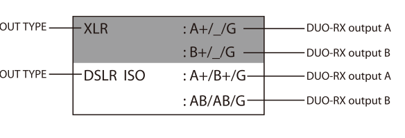 DUO-RX OUT TYPE mapping: XLR gives A+ and B+ to Outputs A and B; DSLR ISO gives A+/B+ and AB/AB to Outputs A and B