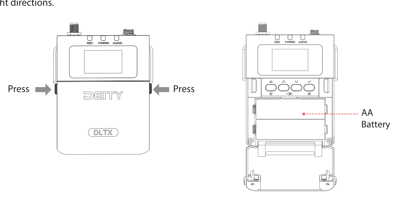 Pressing the battery compartment locks on both sides of the DLTX and installing the AA battery
