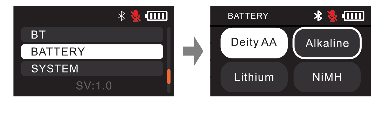DLTX BATTERY menu with Deity AA, Alkaline, Lithium, and NiMH options