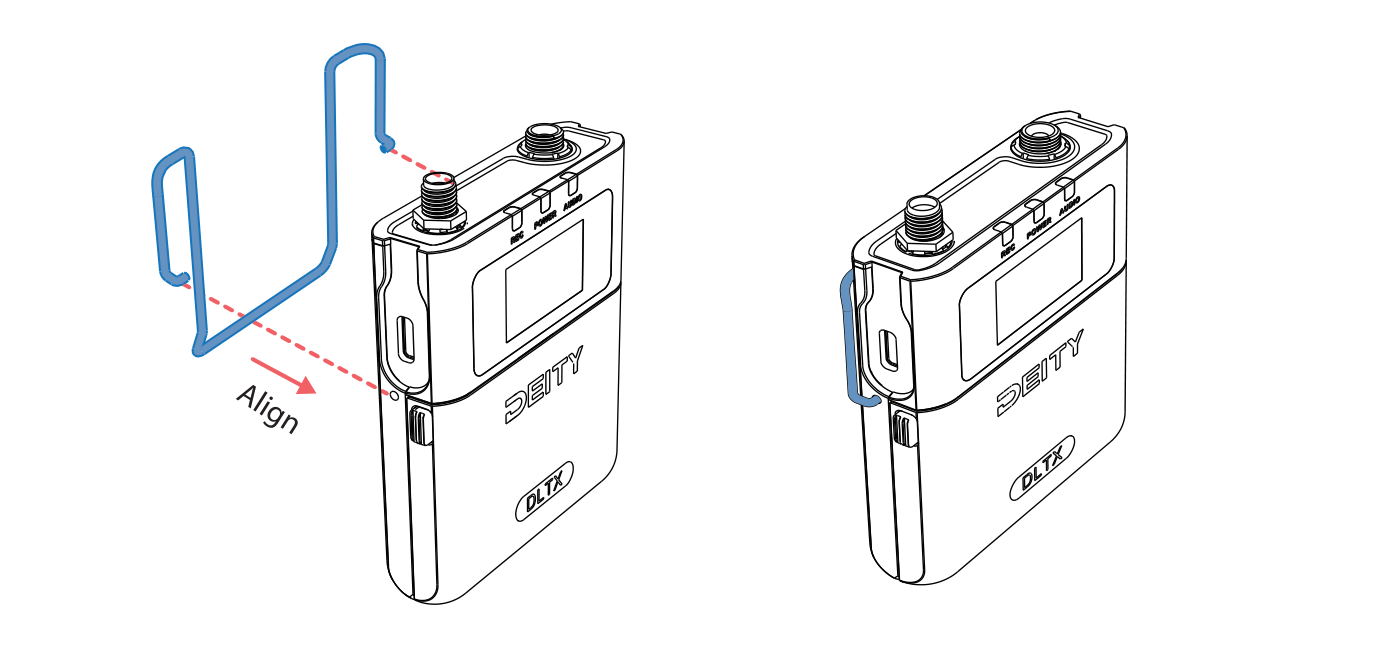 Inserting the belt clip into the installation holes on both sides of the DLTX