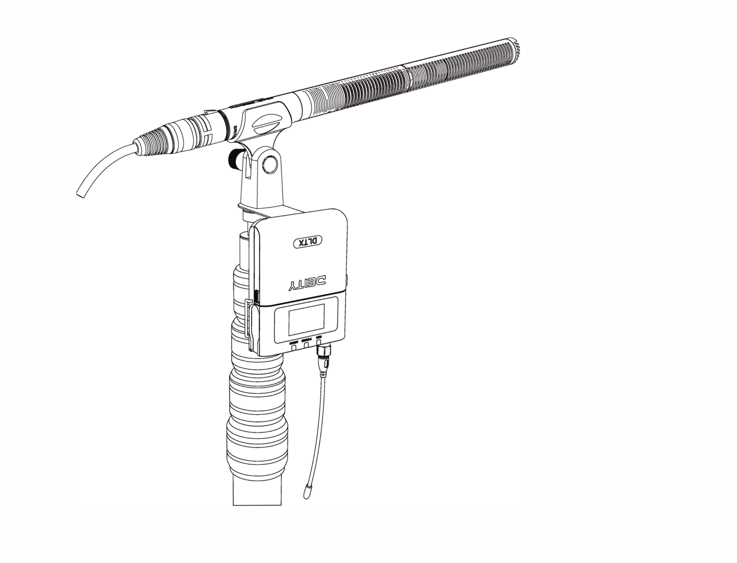 DLTX mounted on a boom pole with a shotgun microphone
