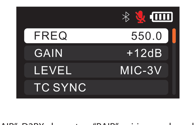DLTX menu showing FREQ, GAIN, LEVEL, and TC SYNC items