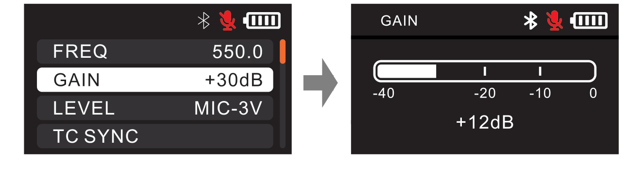 DLTX GAIN menu with level meter and gain value