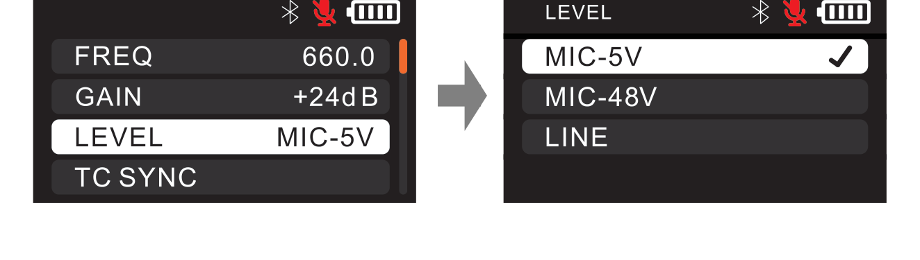 DLTX LEVEL menu with MIC-5V, MIC-48V, and LINE options