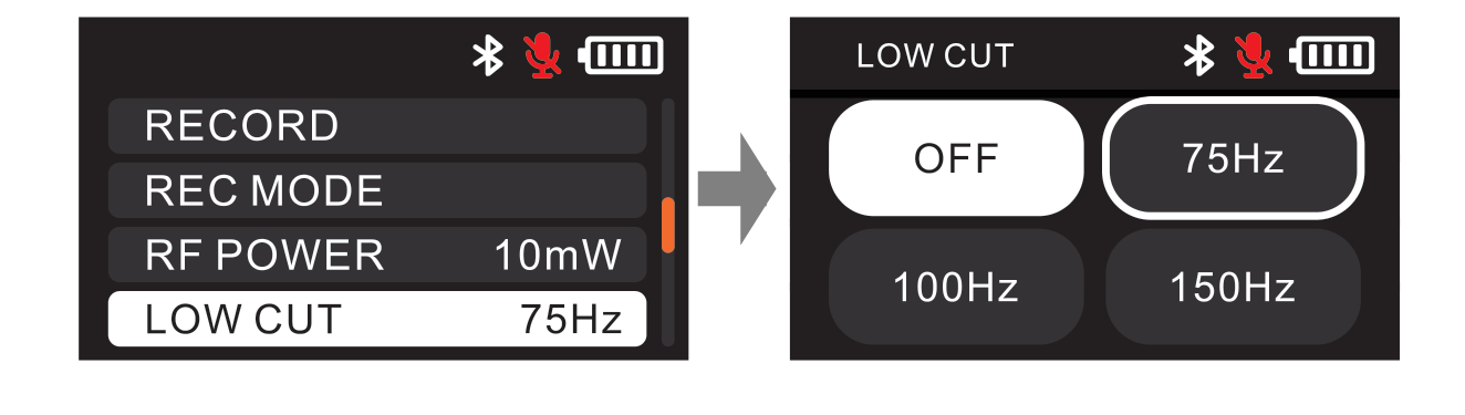 DLTX LOW CUT menu with OFF, 75Hz, 100Hz, and 150Hz options