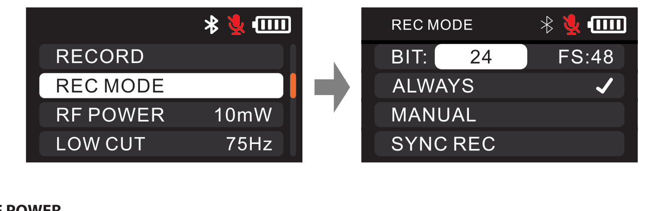 DLTX REC MODE menu with BIT and FS settings and ALWAYS, MANUAL, SYNC REC options
