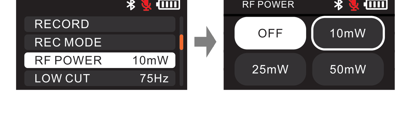 DLTX RF POWER menu with OFF, 10mW, 25mW, and 50mW options