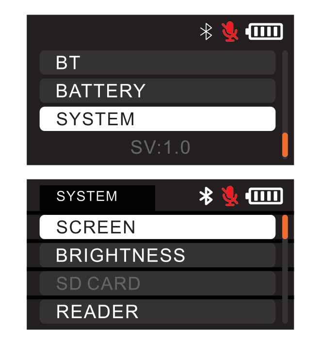 DLTX SYSTEM menu showing SCREEN, BRIGHTNESS, SD CARD, and READER
