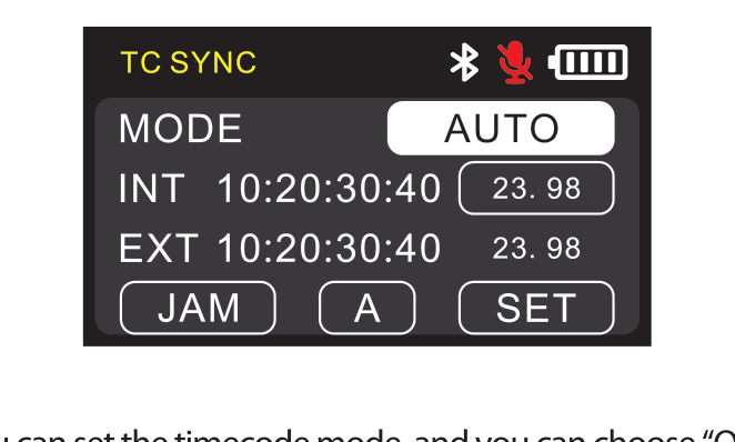 DLTX TC SYNC screen showing MODE, internal and external timecode, frame rate, JAM, group, and SET