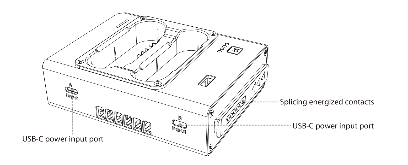 DQC2 rear and side view: two USB-C power input ports (A Input and B Input) and splicing energized contacts