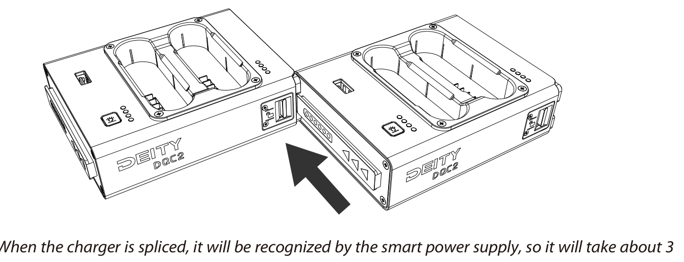 Two DQC2 chargers being slid together along the splicing track to connect their energized contacts