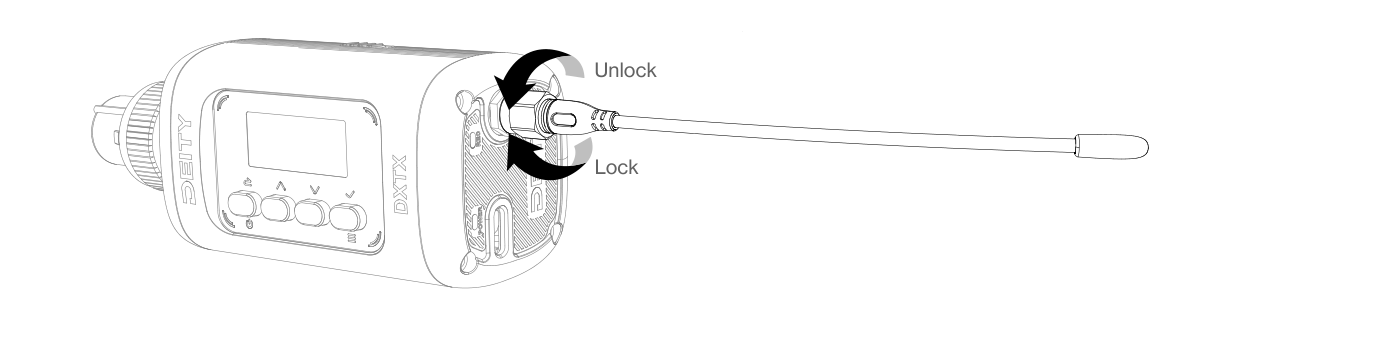 Installing the SMA whip antenna on the DXTX, turning to lock