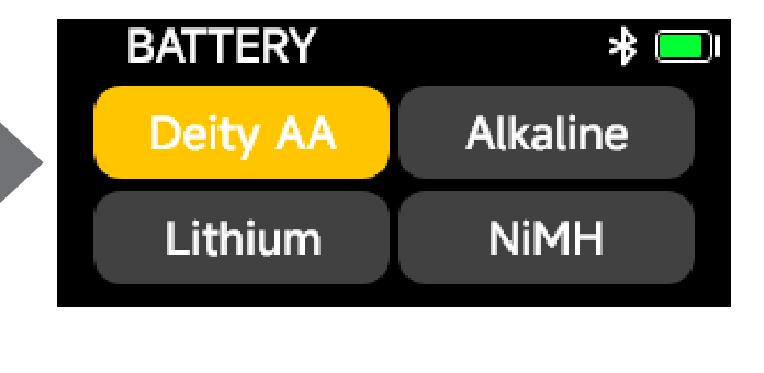DXTX BATTERY type options: Deity AA, Alkaline, Lithium, NiMH