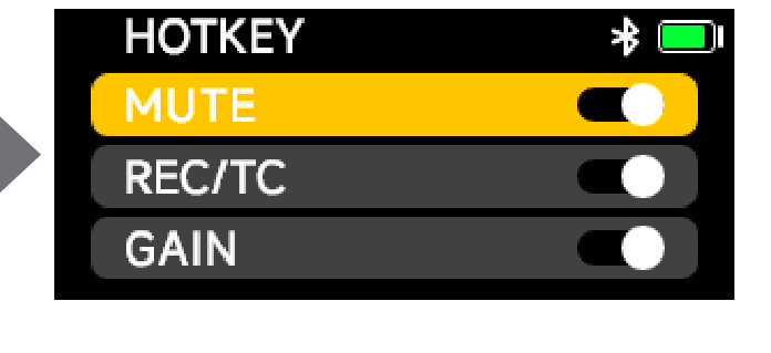 DXTX HOTKEY toggles: MUTE, REC/TC, GAIN
