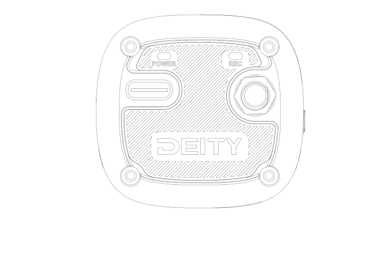 DXTX bottom panel showing the POWER and REC LED indicators and USB-C port