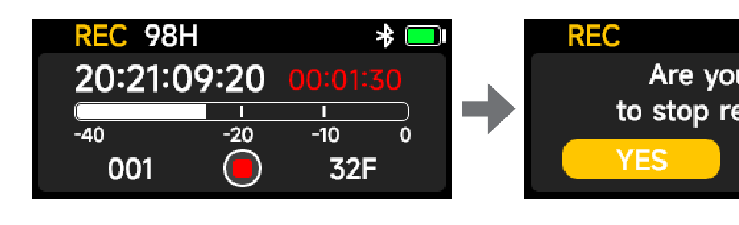 DXTX active recording screen and the Are you sure to stop recording confirmation
