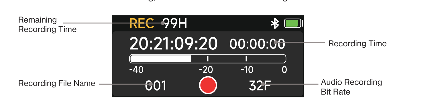 DXTX recording interface with labels for remaining recording time, recording time, file name, and bit rate