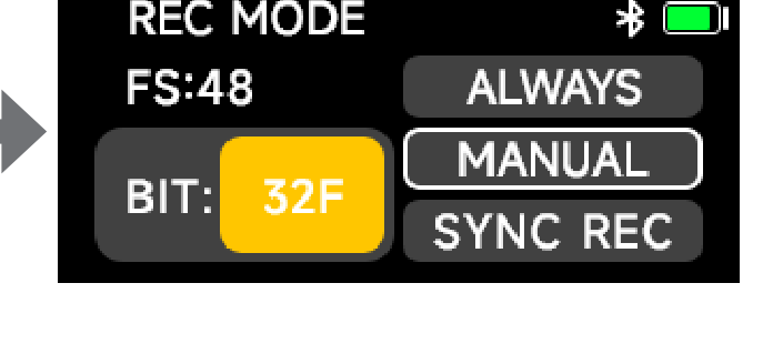 DXTX REC MODE screen showing FS:48, BIT 24 / 32F, and ALWAYS / MANUAL / SYNC REC