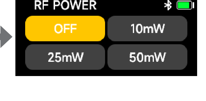 DXTX RF POWER options: OFF, 10mW, 25mW, 50mW