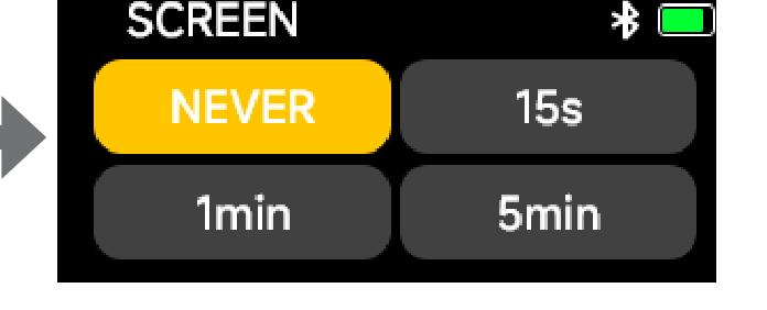 DXTX SCREEN timeout options: NEVER, 15s, 1min, 5min