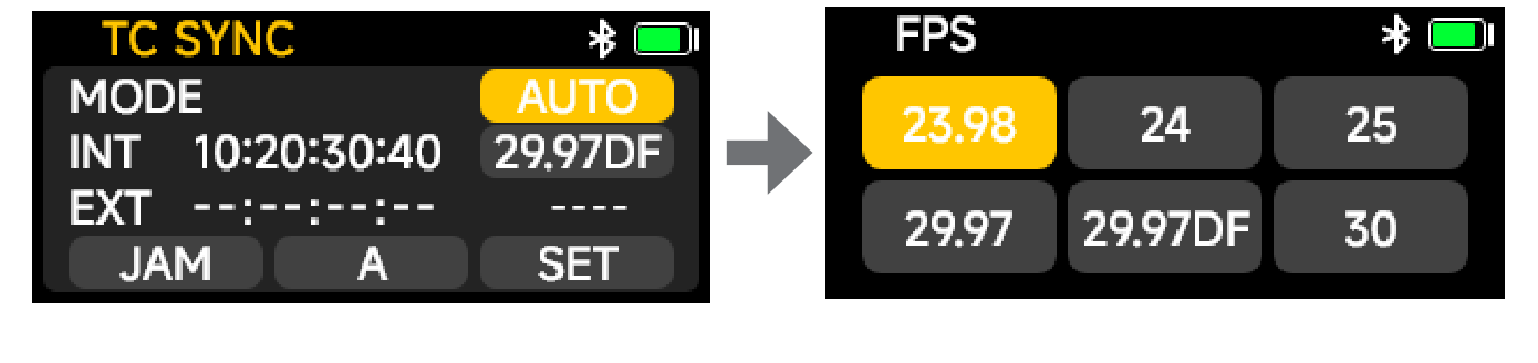 DXTX TC SYNC screen and the FPS options 23.98, 24, 25, 29.97, 29.97DF, 30