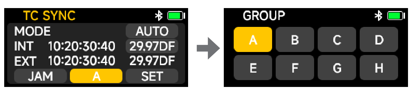 DXTX TC SYNC screen and the GROUP options A through H