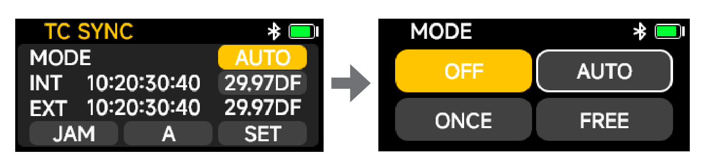 DXTX TC SYNC screen and the MODE options OFF, AUTO, ONCE, FREE
