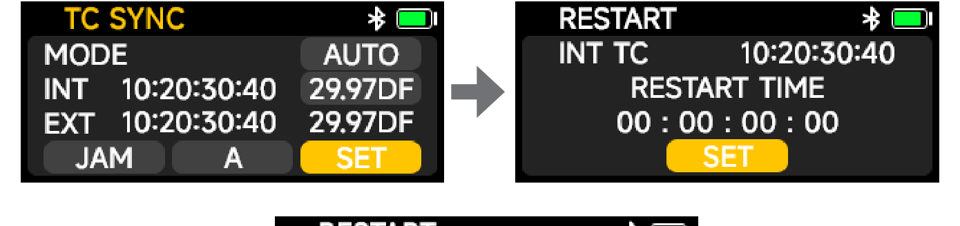 DXTX SET path opening the RESTART screen to enter a starting timecode