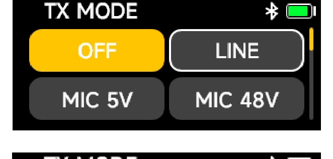 DXTX TX MODE options: OFF, LINE, MIC 5V, MIC 48V