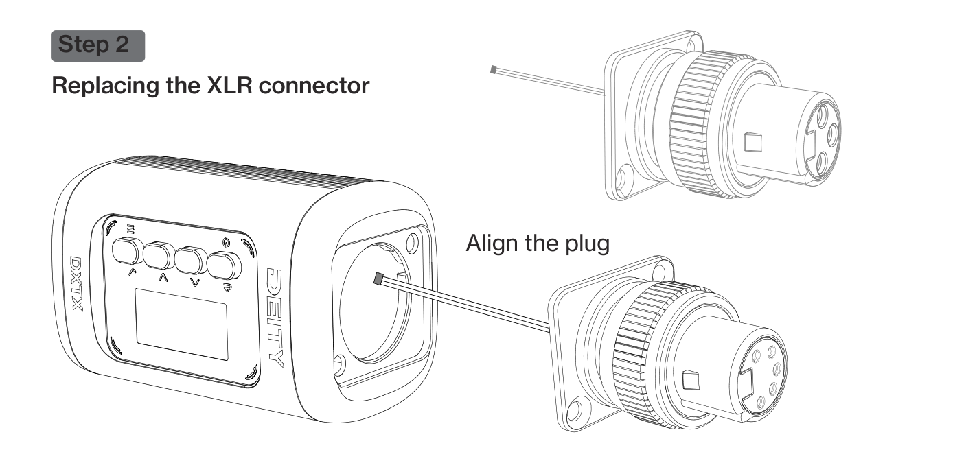 Step 2: aligning and inserting the replacement XLR connector plug into the DXTX socket