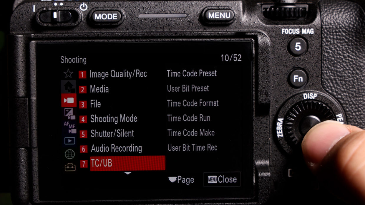 Sony mirrorless menu. timecode settings.