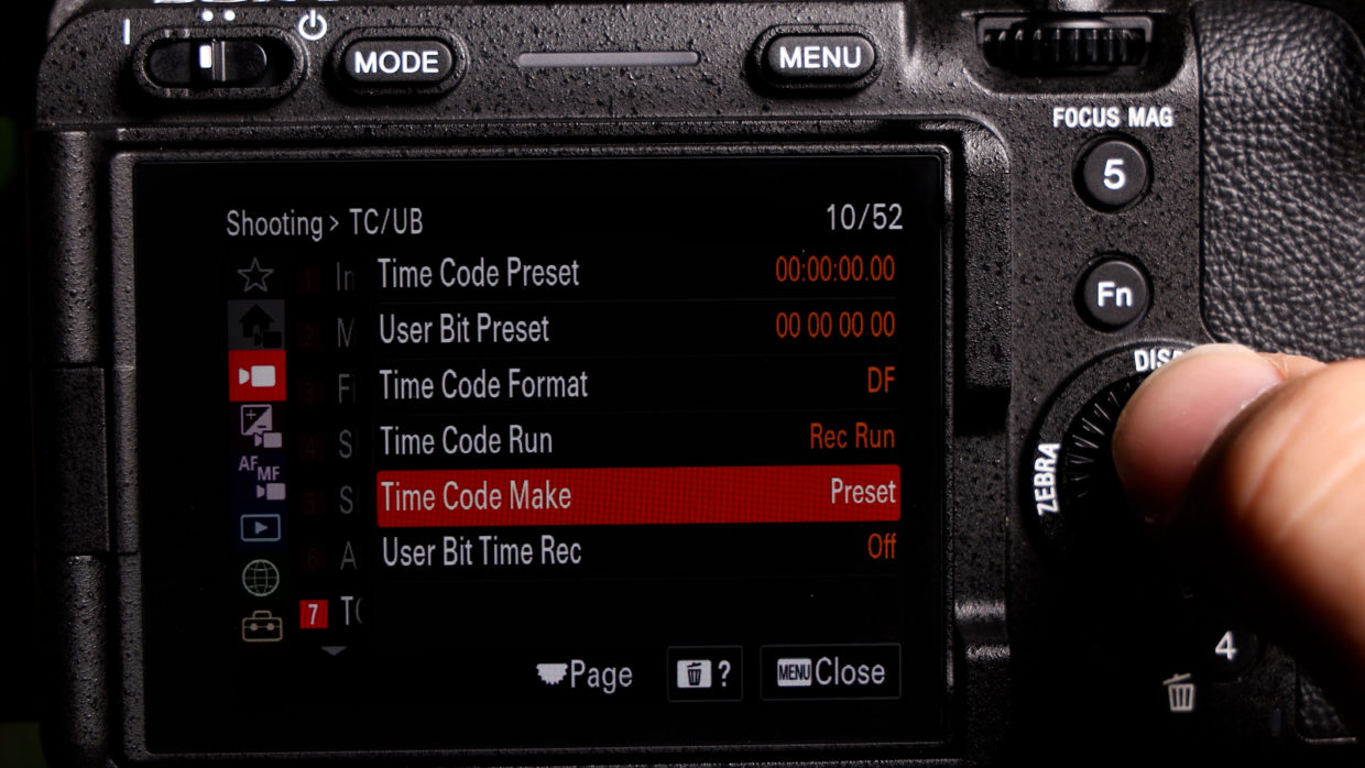 Sony mirrorless menu. timecode settings. time code make preset