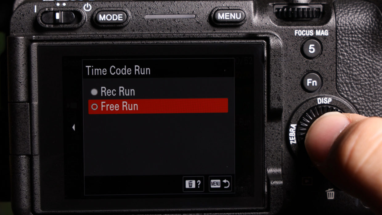 Sony mirrorless menu. timecode settings. timecode settings. time code run free run