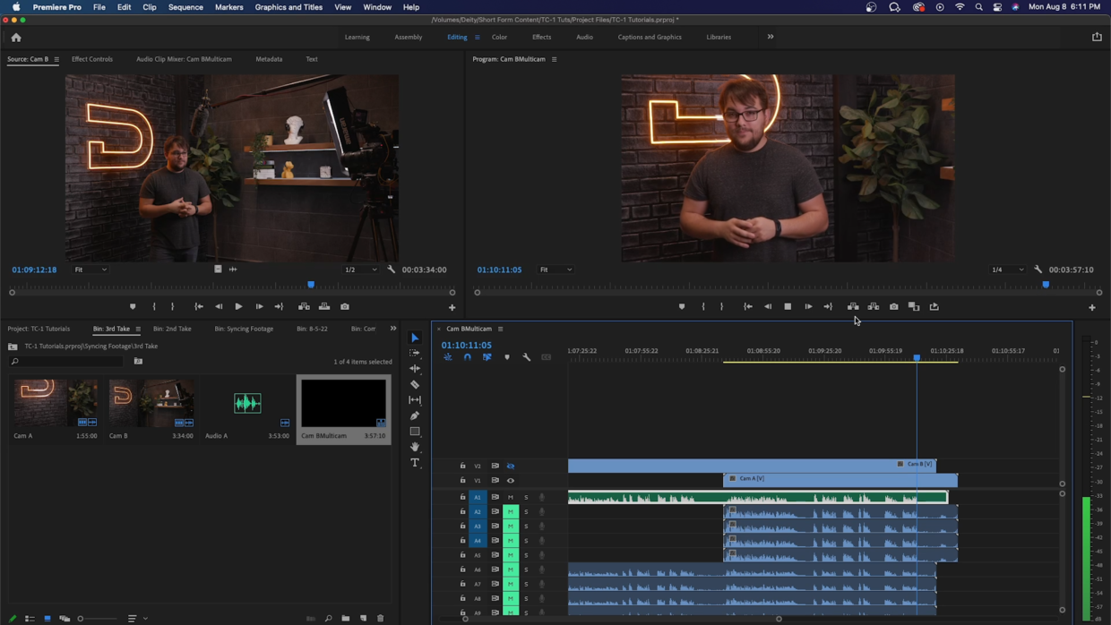 adobe premiere. timeline. Clips synced with timecode