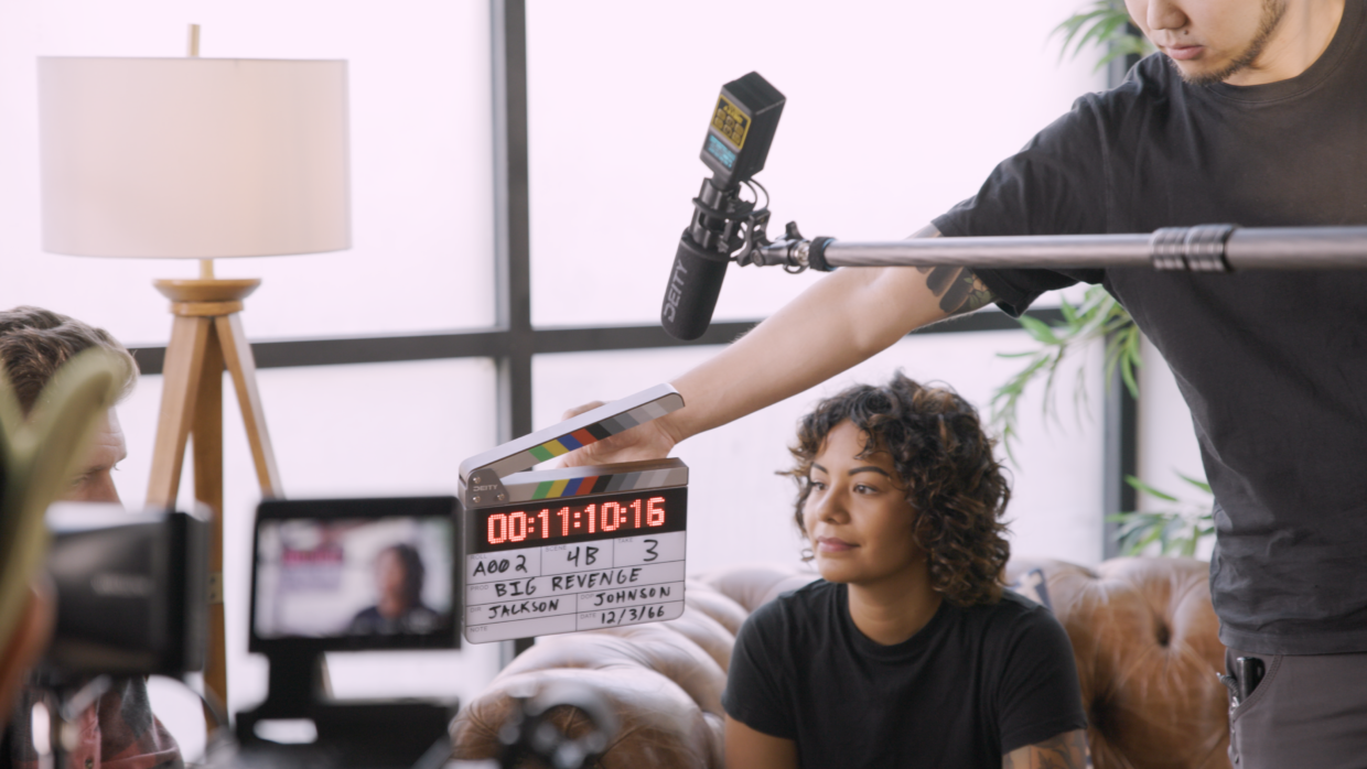 Deity TC-SL1 timecode slate. S-Mic 2s. Deity HD-TX. 2nd AC marking a take