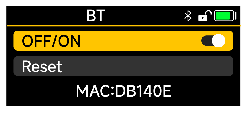 PR-2 BT menu showing OFF/ON toggle, Reset, and MAC address