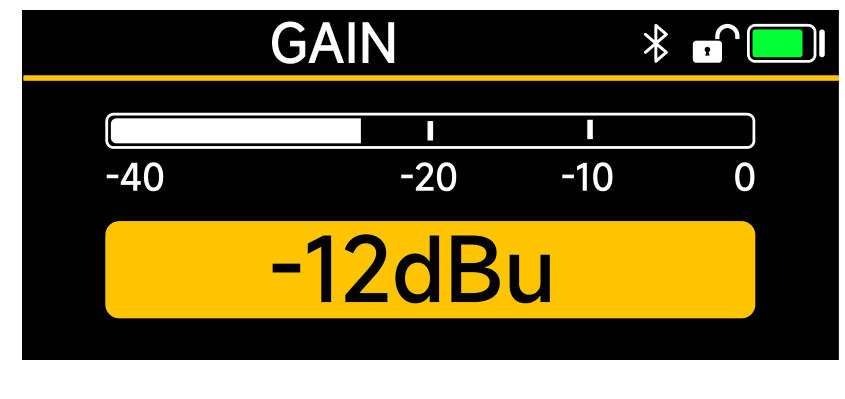 PR-2 GAIN screen showing the input meter and a -12dBu gain value