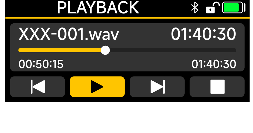 PR-2 PLAYBACK player showing a WAV file, progress bar, and transport controls
