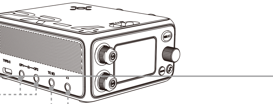PR-4 left side showing the USB-C port, OP1/OP2 analog outputs, TC I/O, and headphone jack