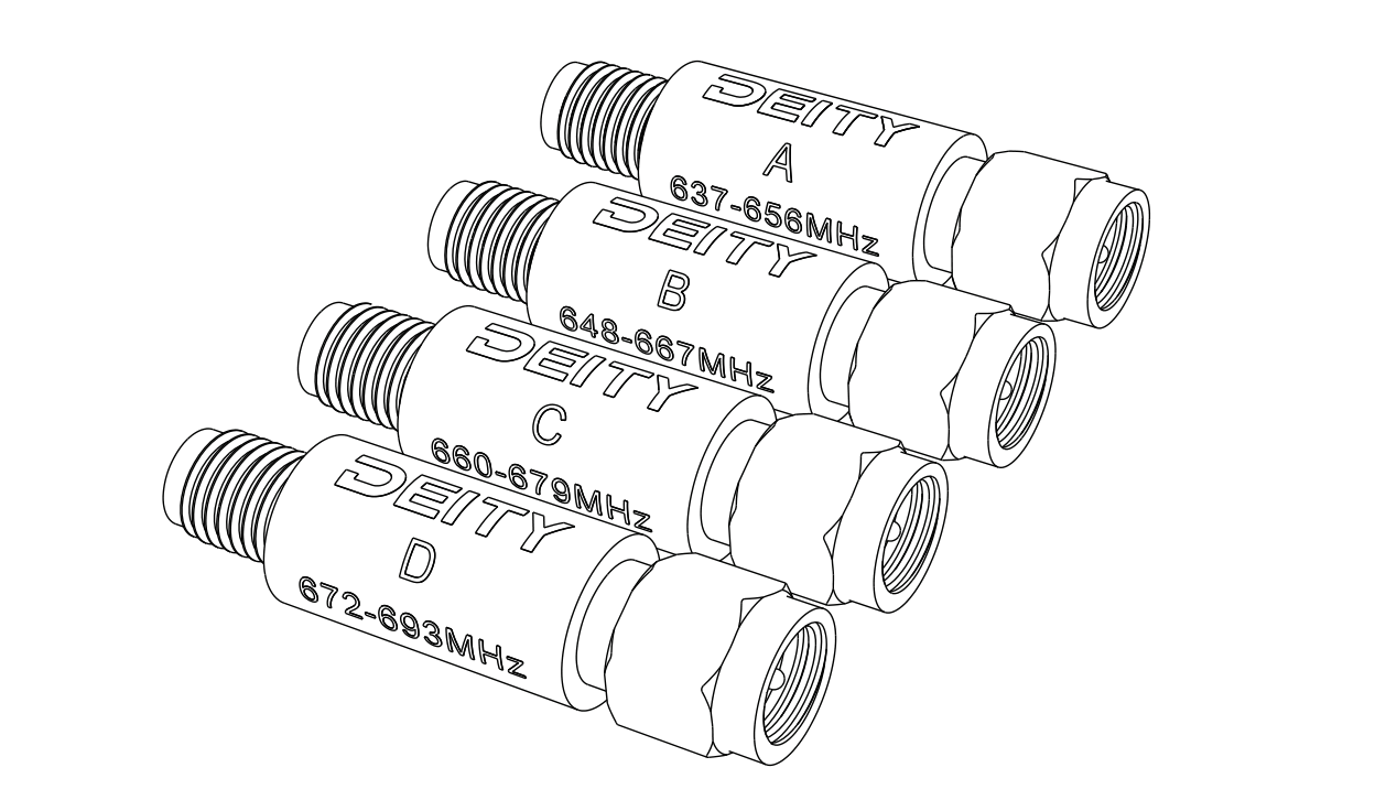 Deity THEOS RF Filters, bands A, B, C, and D, each labeled with its frequency range