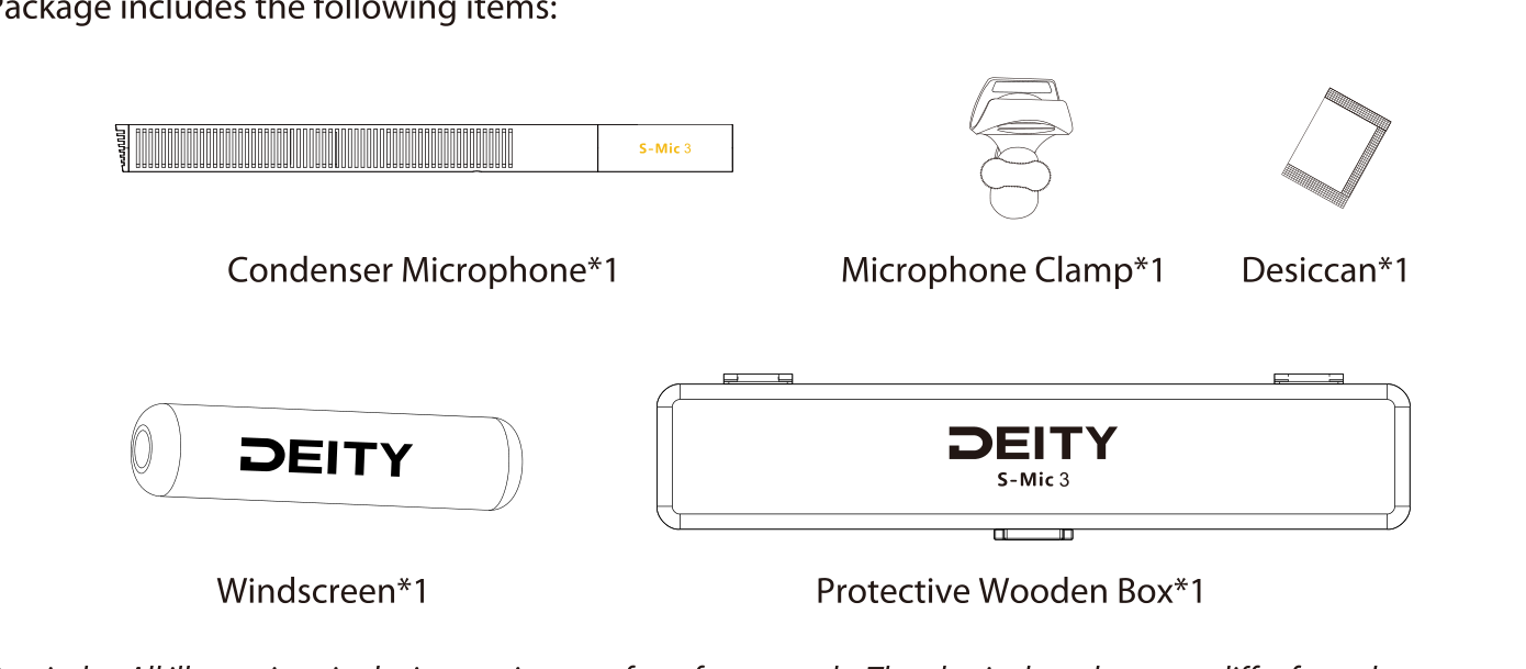 S-Mic 3 package contents: condenser microphone, microphone clamp, desiccant, windscreen, and protective wooden box