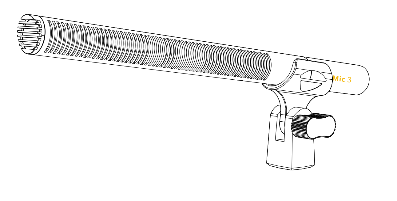 Deity S-Mic 3 shotgun condenser microphone in its microphone clamp